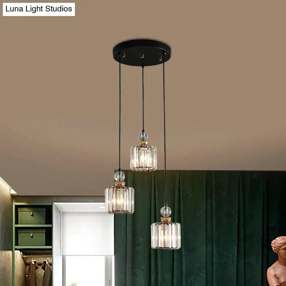 Modern Black Cylinder Pendant Lamp Kit with Crystal Prisms Shade - 1/3-Head Ceiling Pendant