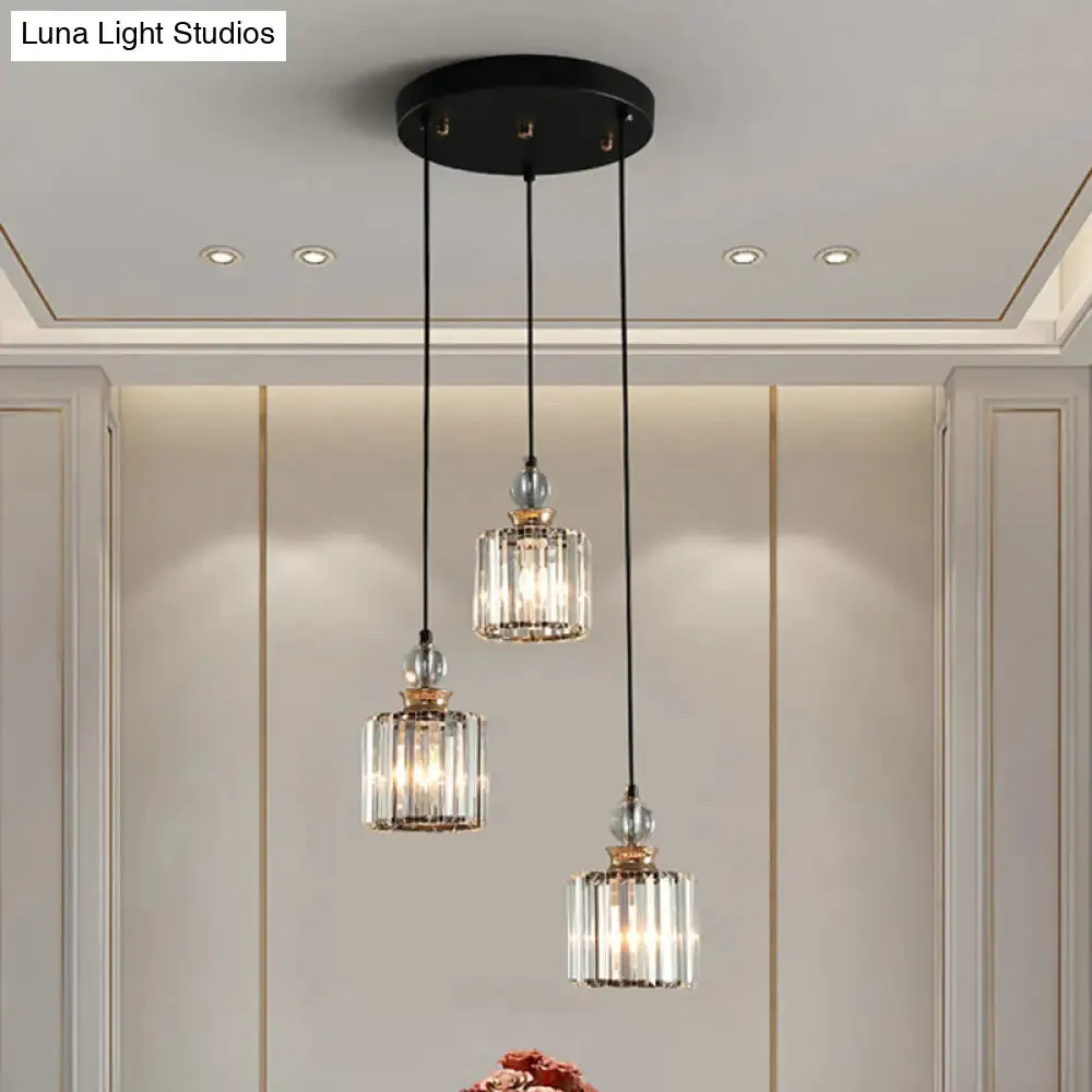 Modern Black Cylinder Pendant Lamp Kit with Crystal Prisms Shade - 1/3-Head Ceiling Pendant