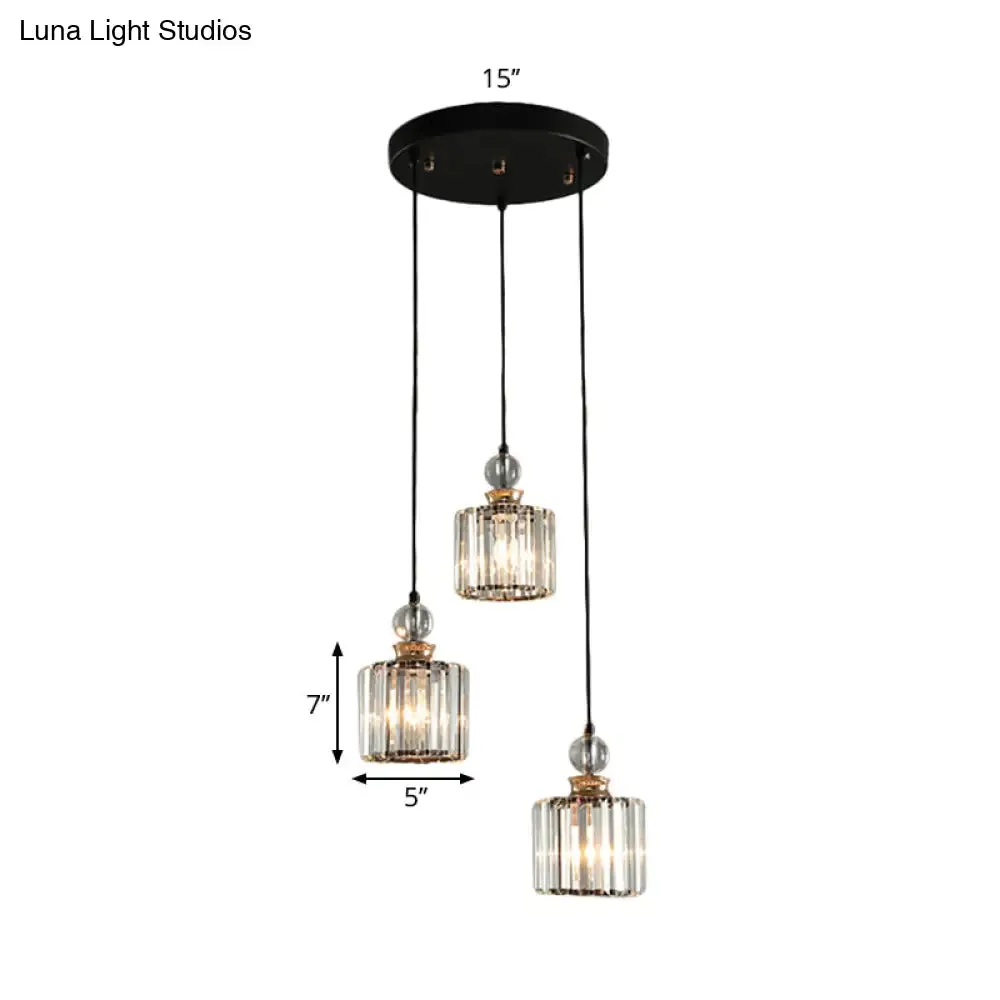 Modern Black Cylinder Pendant Lamp Kit with Crystal Prisms Shade - 1/3-Head Ceiling Pendant