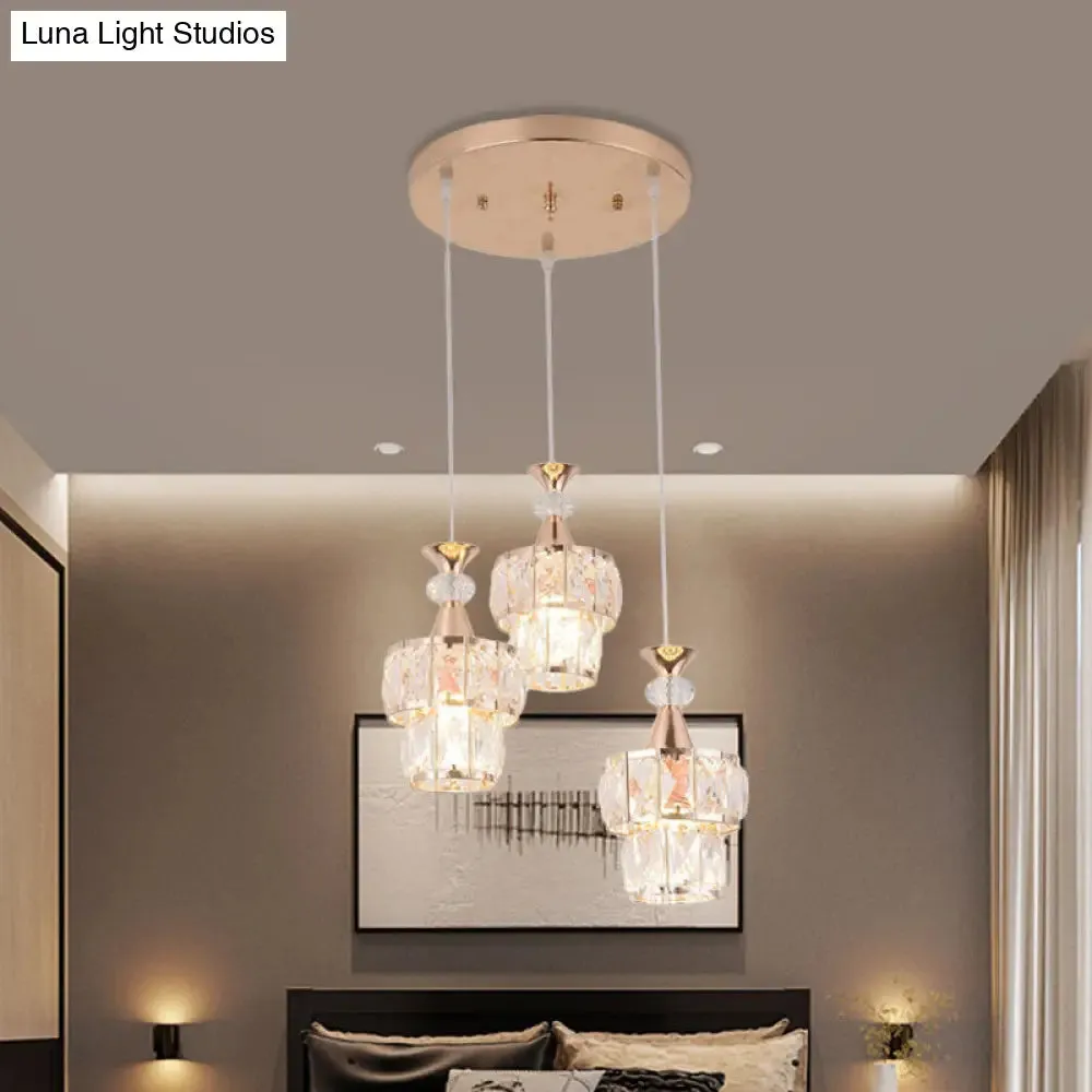 Modern Gold Cluster Light Pendant with Beveled Crystal Blocks - 2 Layers, 3-Head Hanging Lamp Kit