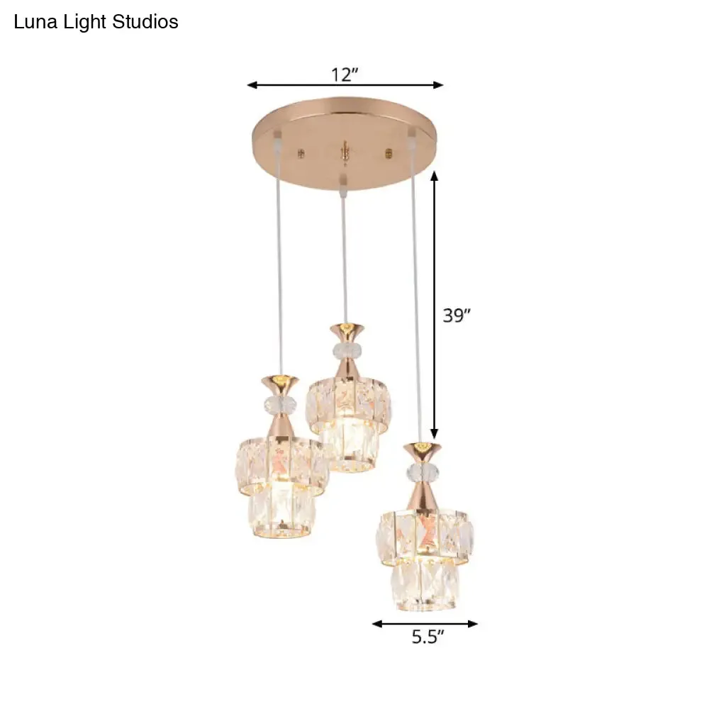 Modern Gold Cluster Light Pendant with Beveled Crystal Blocks - 2 Layers, 3-Head Hanging Lamp Kit