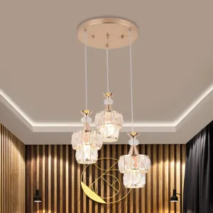 Modern Gold Cluster Light Pendant with Beveled Crystal Blocks - 2 Layers, 3-Head Hanging Lamp Kit