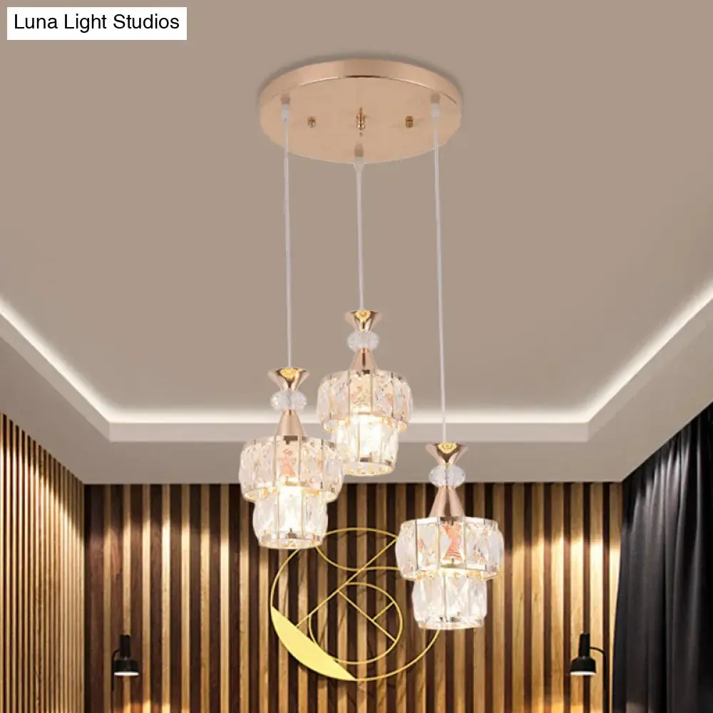 Modern Gold Cluster Light Pendant with Beveled Crystal Blocks - 2 Layers, 3-Head Hanging Lamp Kit