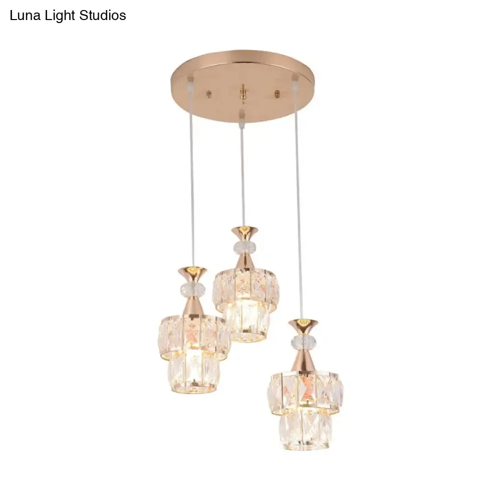 Modern Gold Cluster Light Pendant with Beveled Crystal Blocks - 2 Layers, 3-Head Hanging Lamp Kit