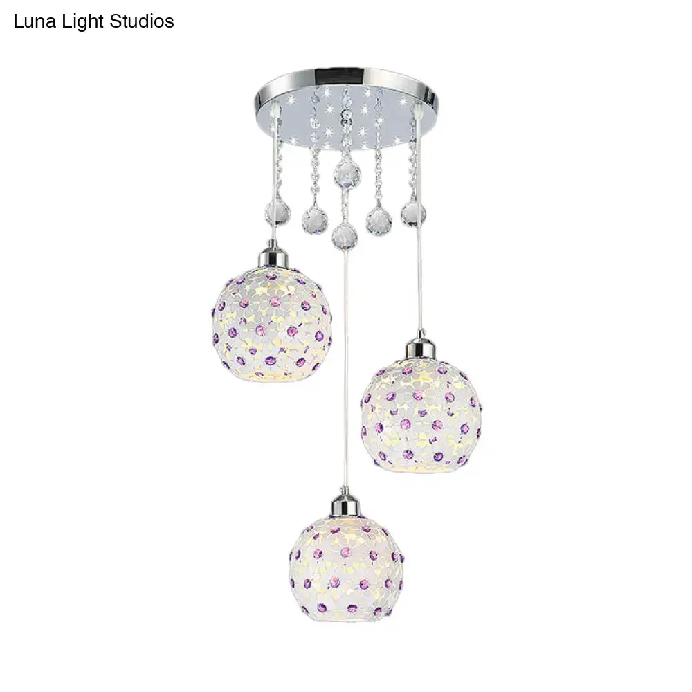 Modern Iron Sphere Multi-Pendant Ceiling Fixture with 3 Lights, White Finish & Purple Crystal Bead Decor