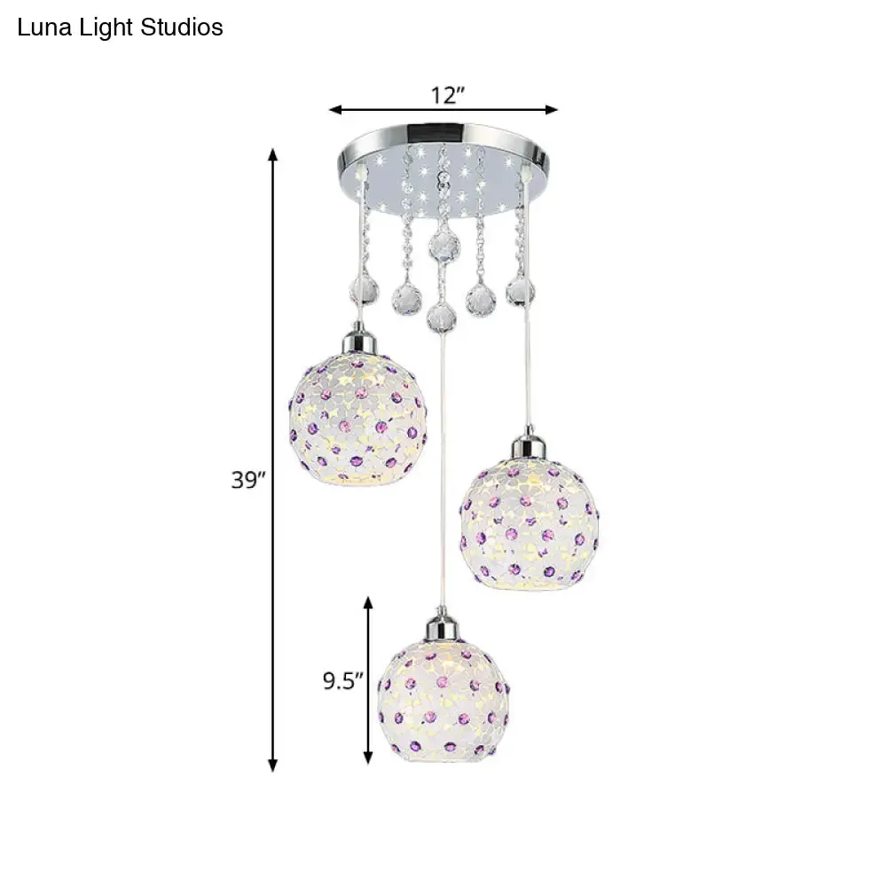 Modern Iron Sphere Multi-Pendant Ceiling Fixture with 3 Lights, White Finish & Purple Crystal Bead Decor