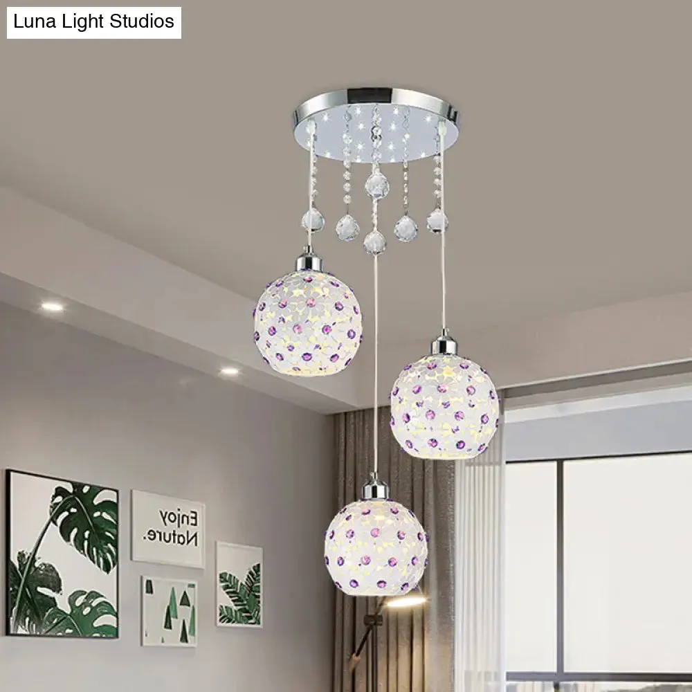 Modern Iron Sphere Multi-Pendant Ceiling Fixture with 3 Lights, White Finish & Purple Crystal Bead Decor