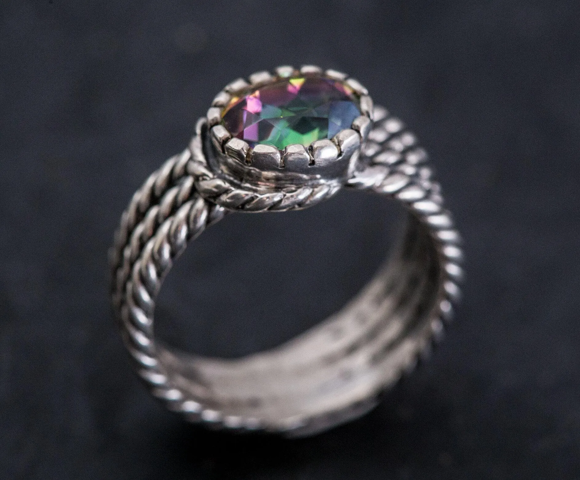 Mystic Topaz Ring - Silver Rope Band - Wide Purple Ring