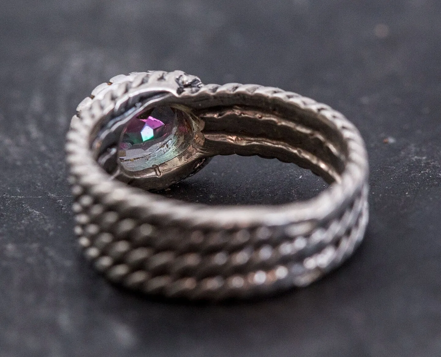 Mystic Topaz Ring - Silver Rope Band - Wide Purple Ring