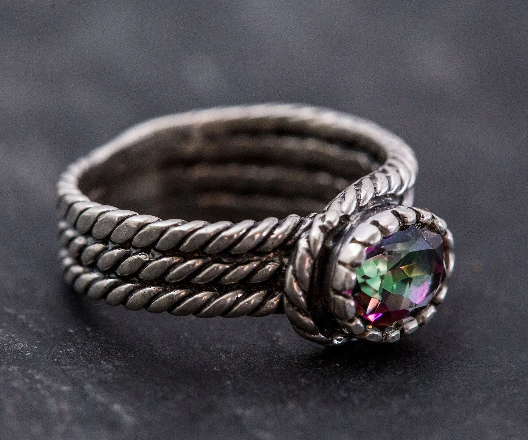 Mystic Topaz Ring - Silver Rope Band - Wide Purple Ring