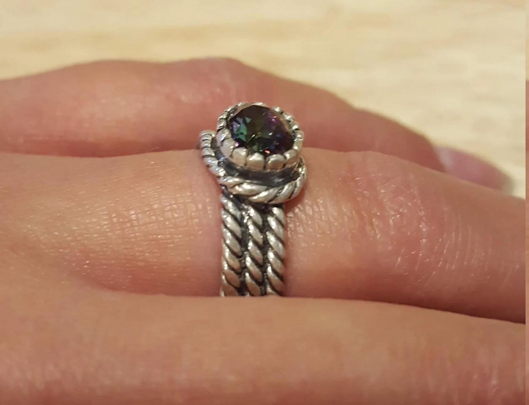 Mystic Topaz Ring - Silver Rope Band - Wide Purple Ring