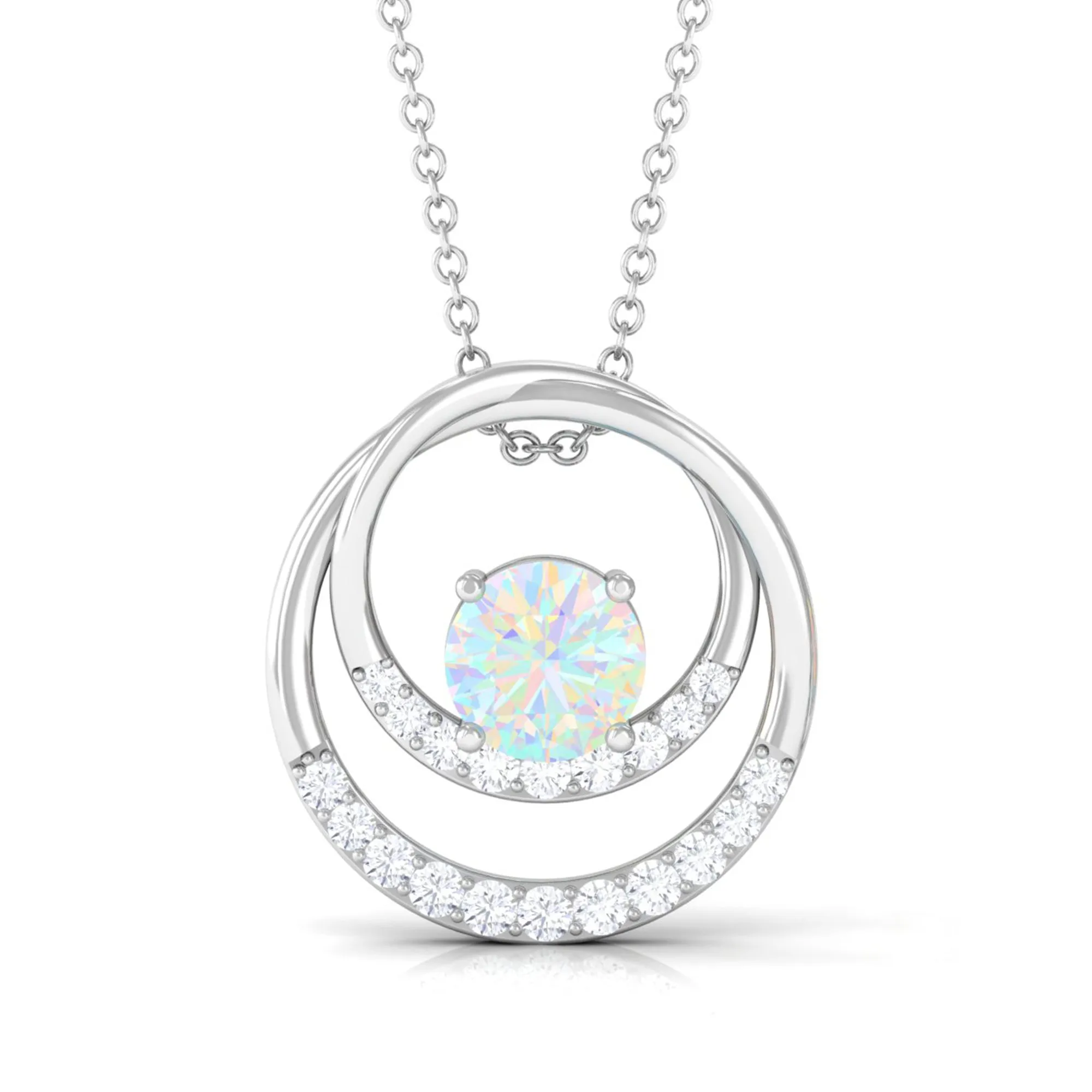 Natural Ethiopian Opal Double Circle Pendant Necklace with Diamond