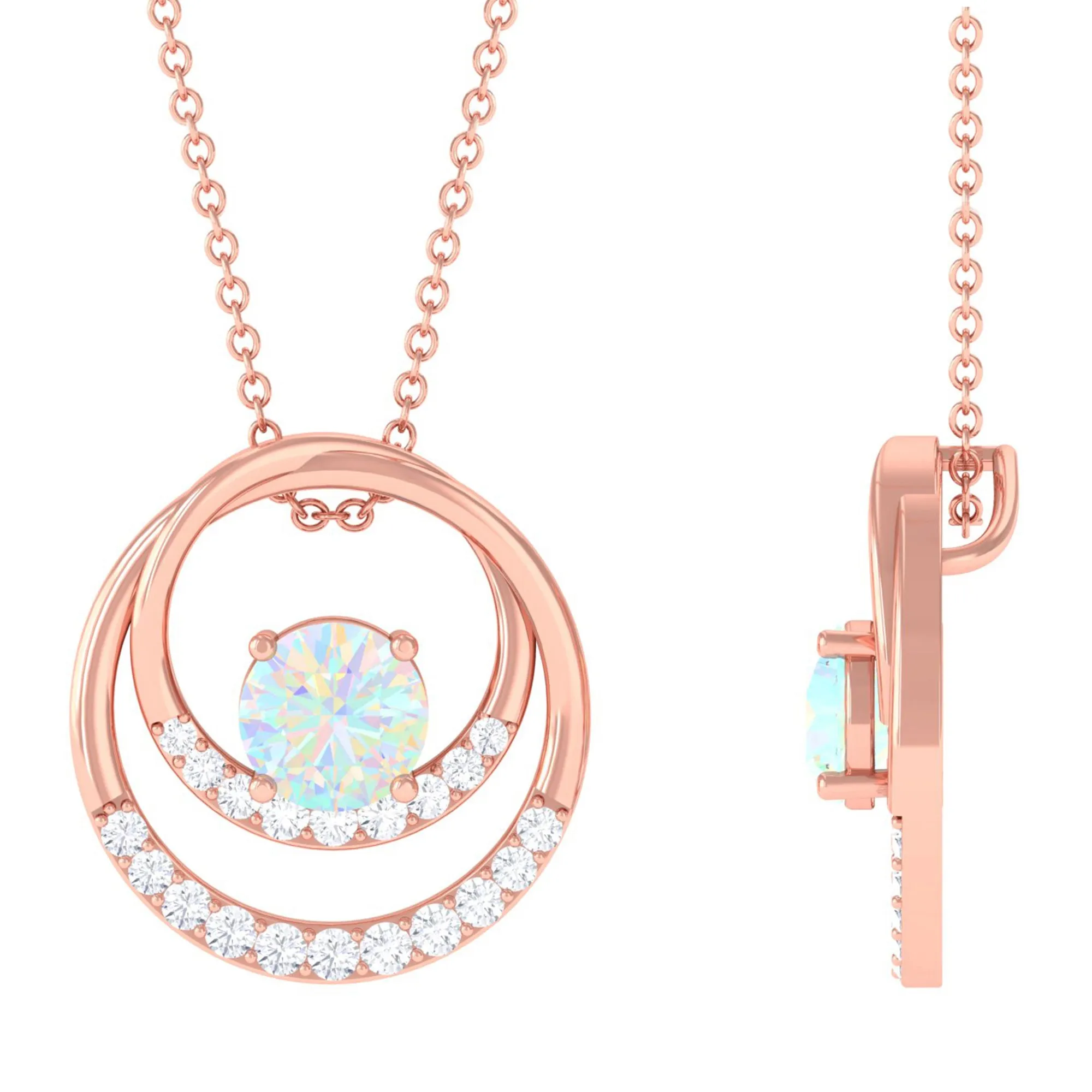 Natural Ethiopian Opal Double Circle Pendant Necklace with Diamond