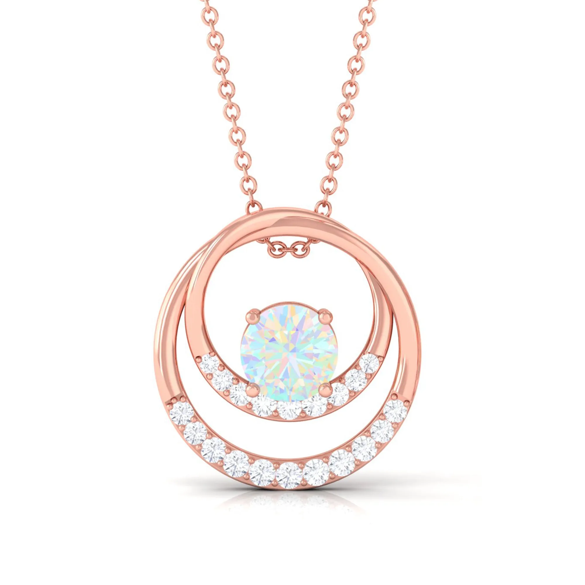 Natural Ethiopian Opal Double Circle Pendant Necklace with Diamond