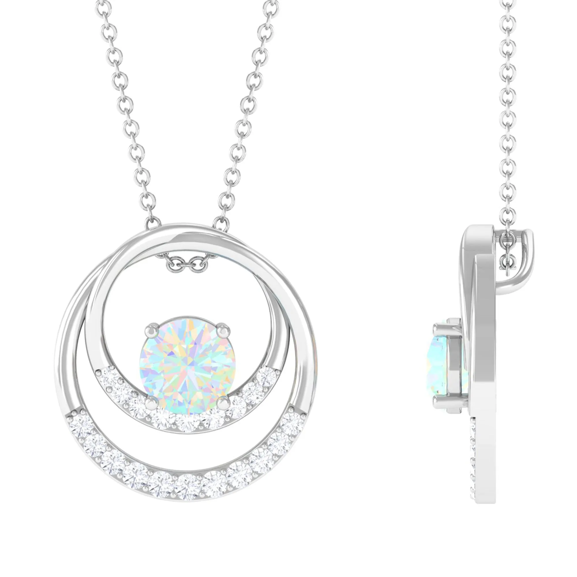 Natural Ethiopian Opal Double Circle Pendant Necklace with Diamond