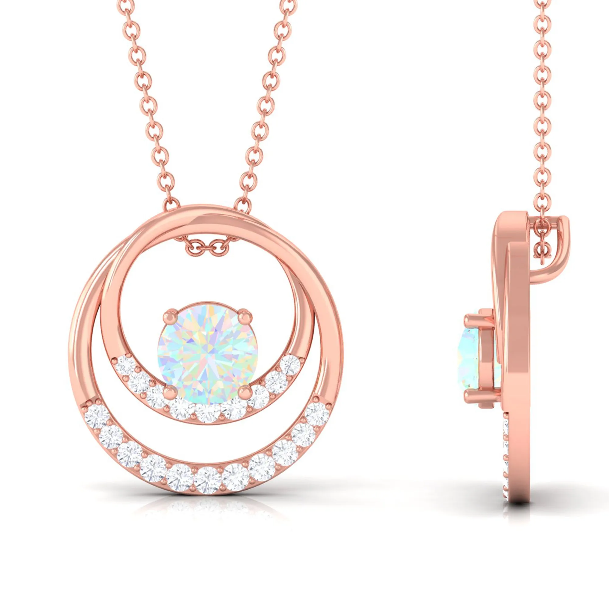 Natural Ethiopian Opal Double Circle Pendant Necklace with Diamond