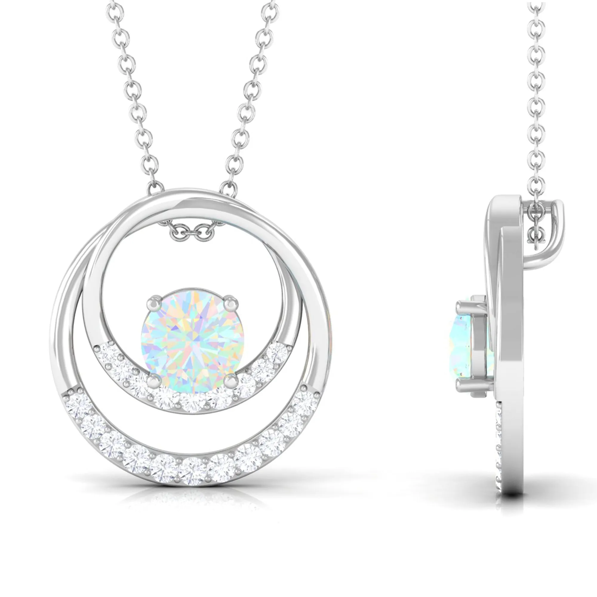 Natural Ethiopian Opal Double Circle Pendant Necklace with Diamond