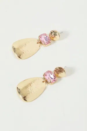 Pink Crystal Drop Gold Earrings