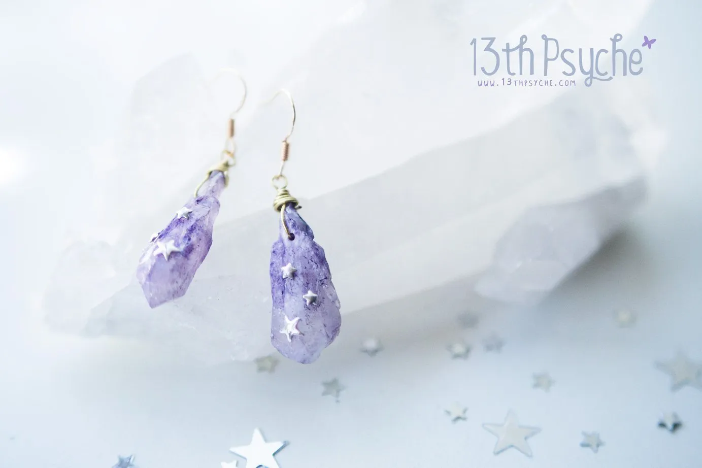 Purple raw stone earrings with silver stars