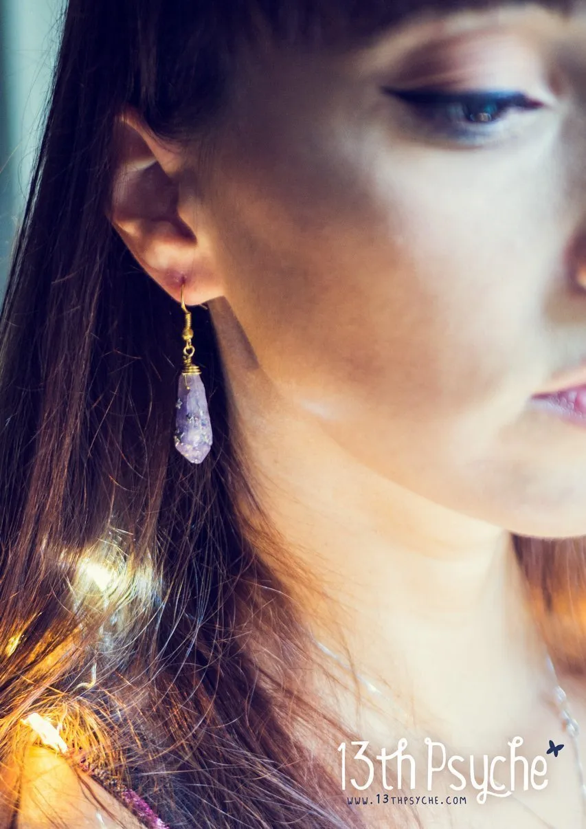 Purple raw stone earrings with silver stars