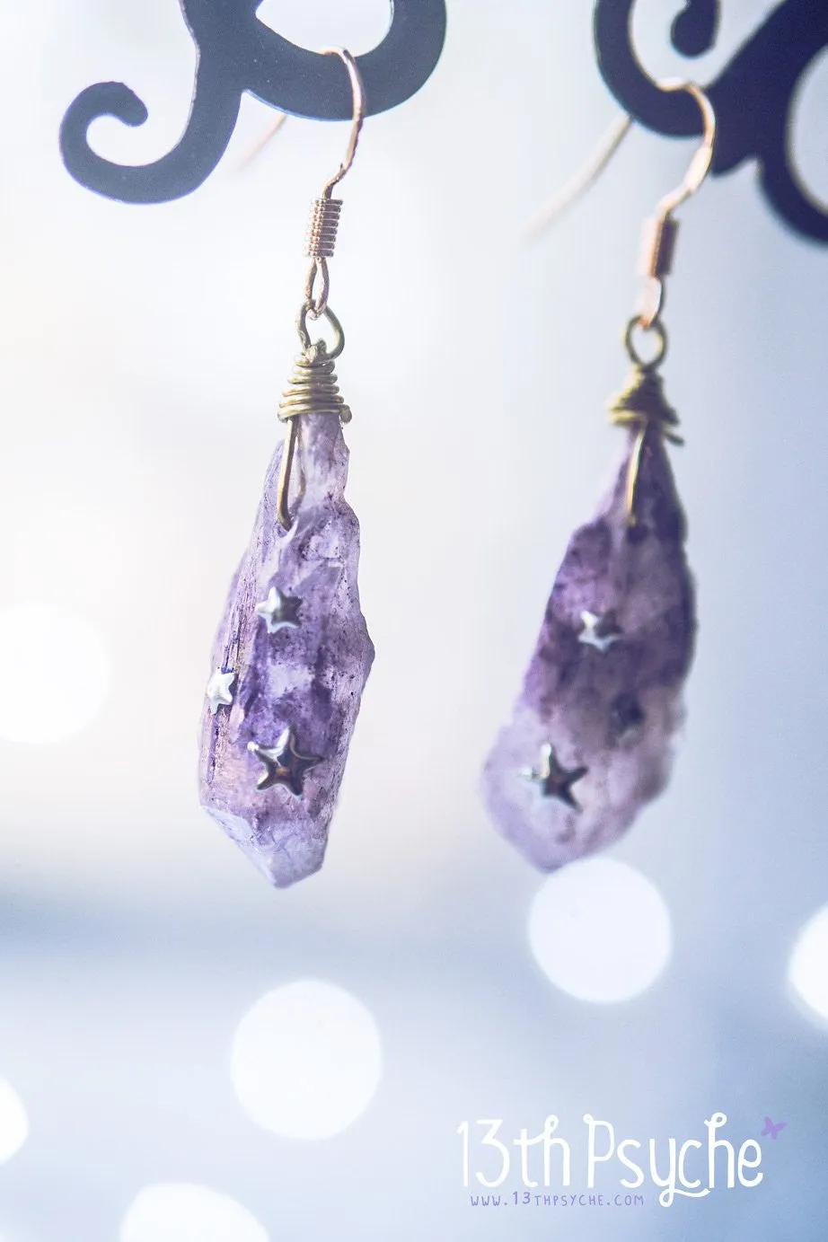 Purple raw stone earrings with silver stars