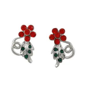 Red Crystal Daisy with Green Leaf Pierced Earring - PRL029XE