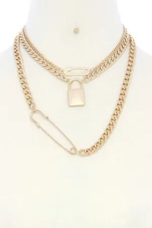 Safety Pin Lock Char Curb Link Layered Necklace