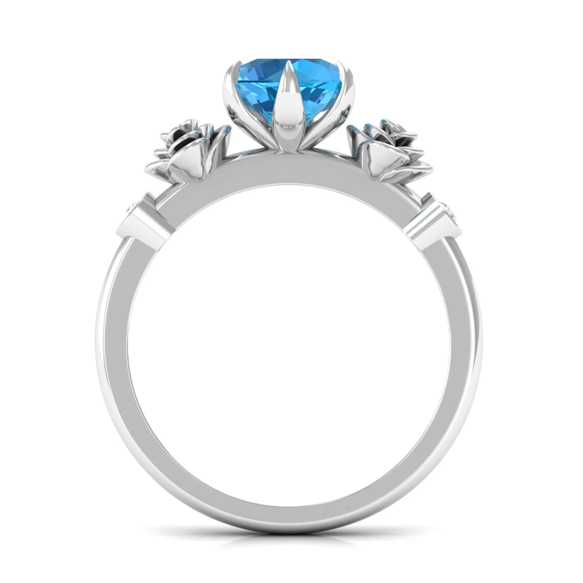 Solitaire Swiss Blue Topaz Flower Ring with Diamond