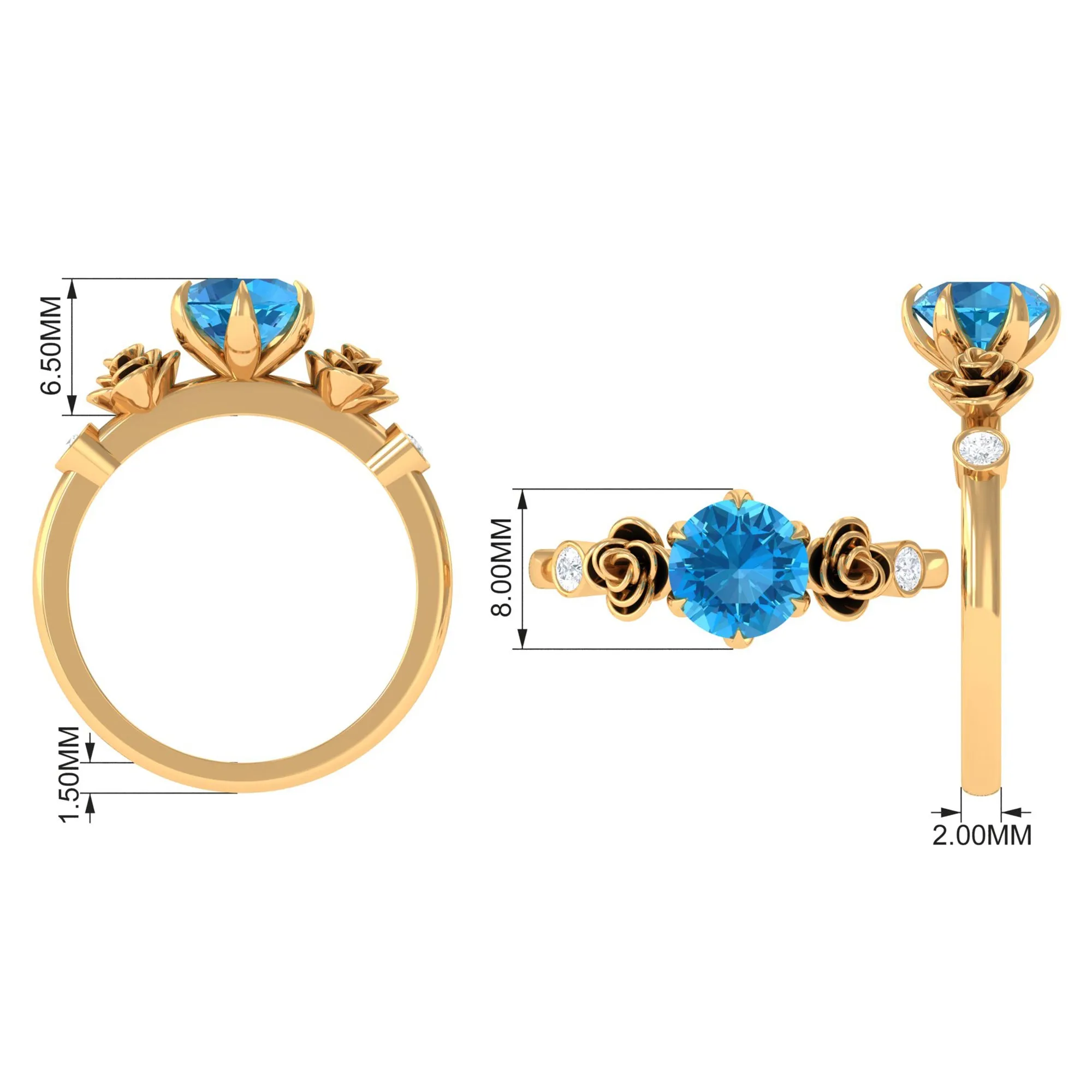 Solitaire Swiss Blue Topaz Flower Ring with Diamond