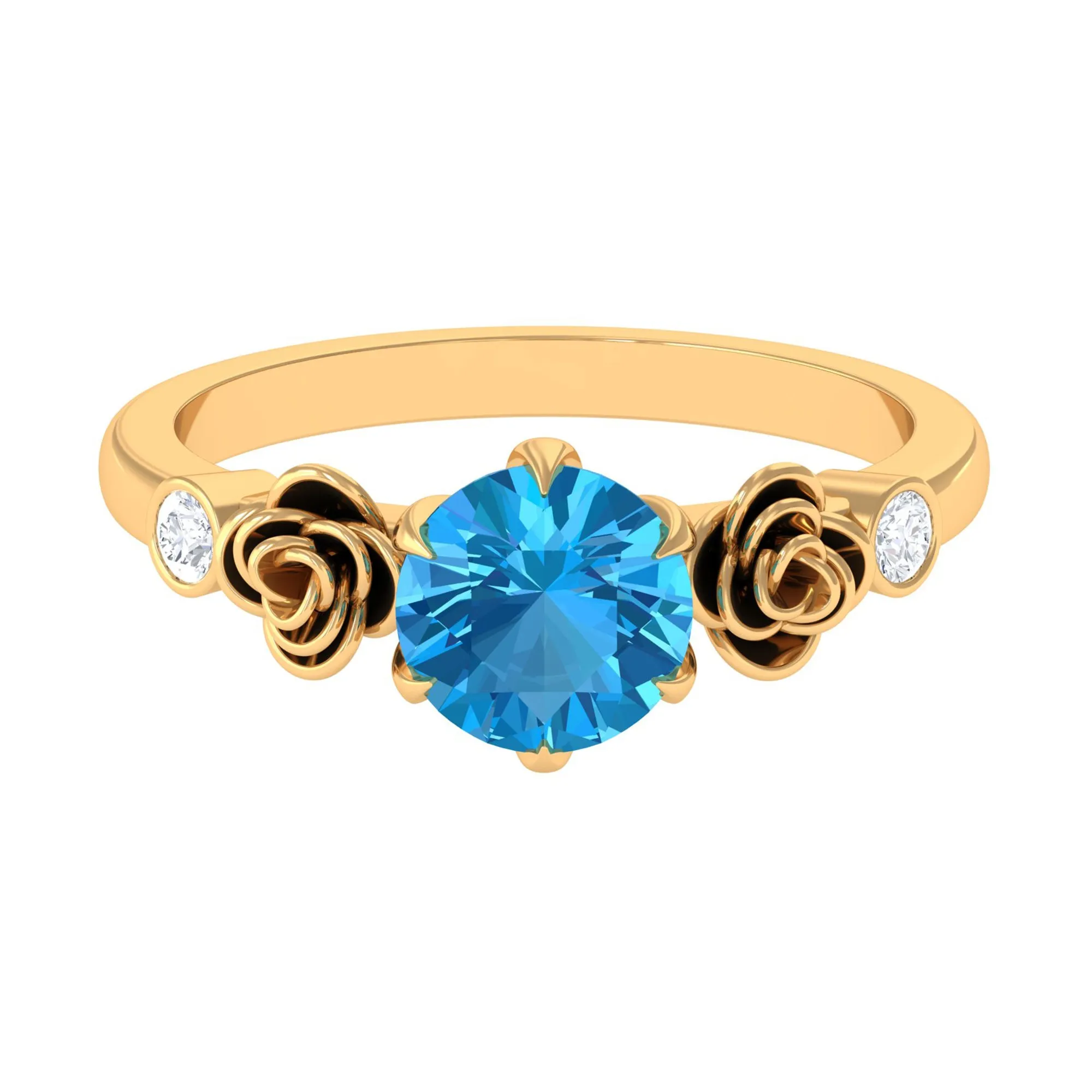 Solitaire Swiss Blue Topaz Flower Ring with Diamond