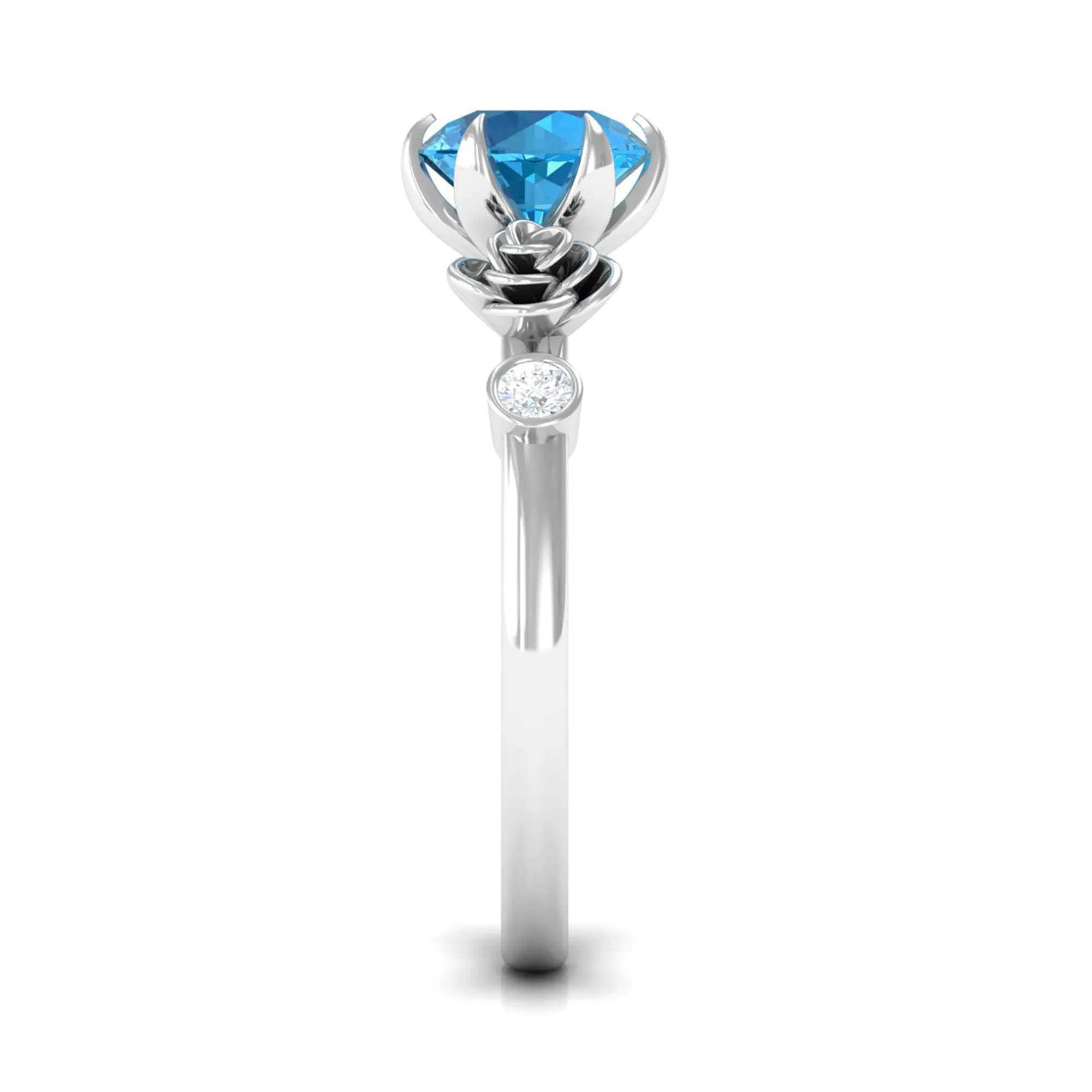 Solitaire Swiss Blue Topaz Flower Ring with Diamond