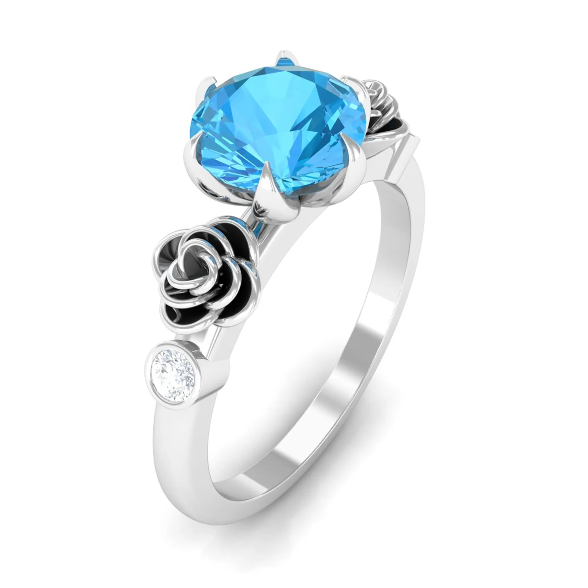 Solitaire Swiss Blue Topaz Flower Ring with Diamond