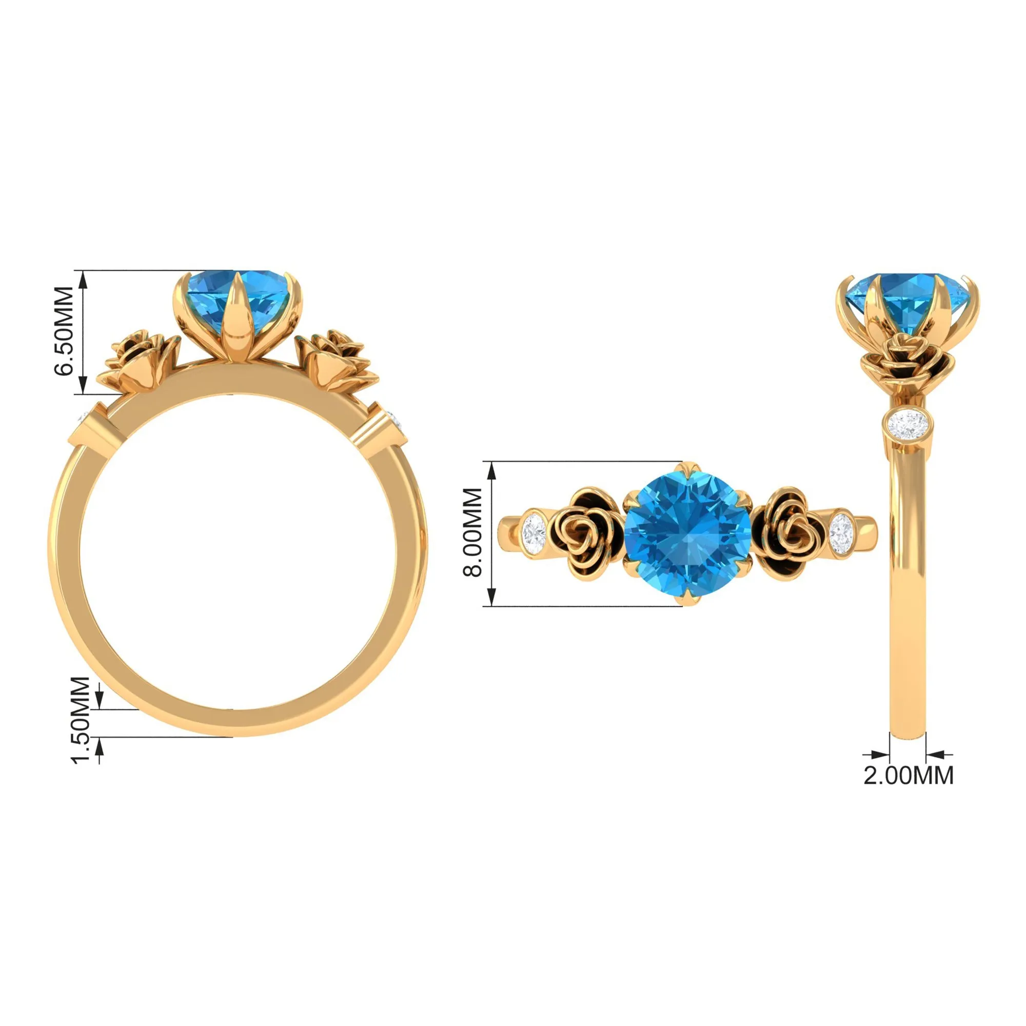 Solitaire Swiss Blue Topaz Flower Ring with Diamond