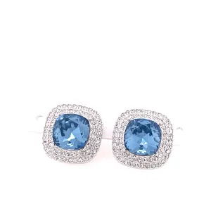 Sterling Silver Blue Swarovski Crystal Double Halo Square Earrings