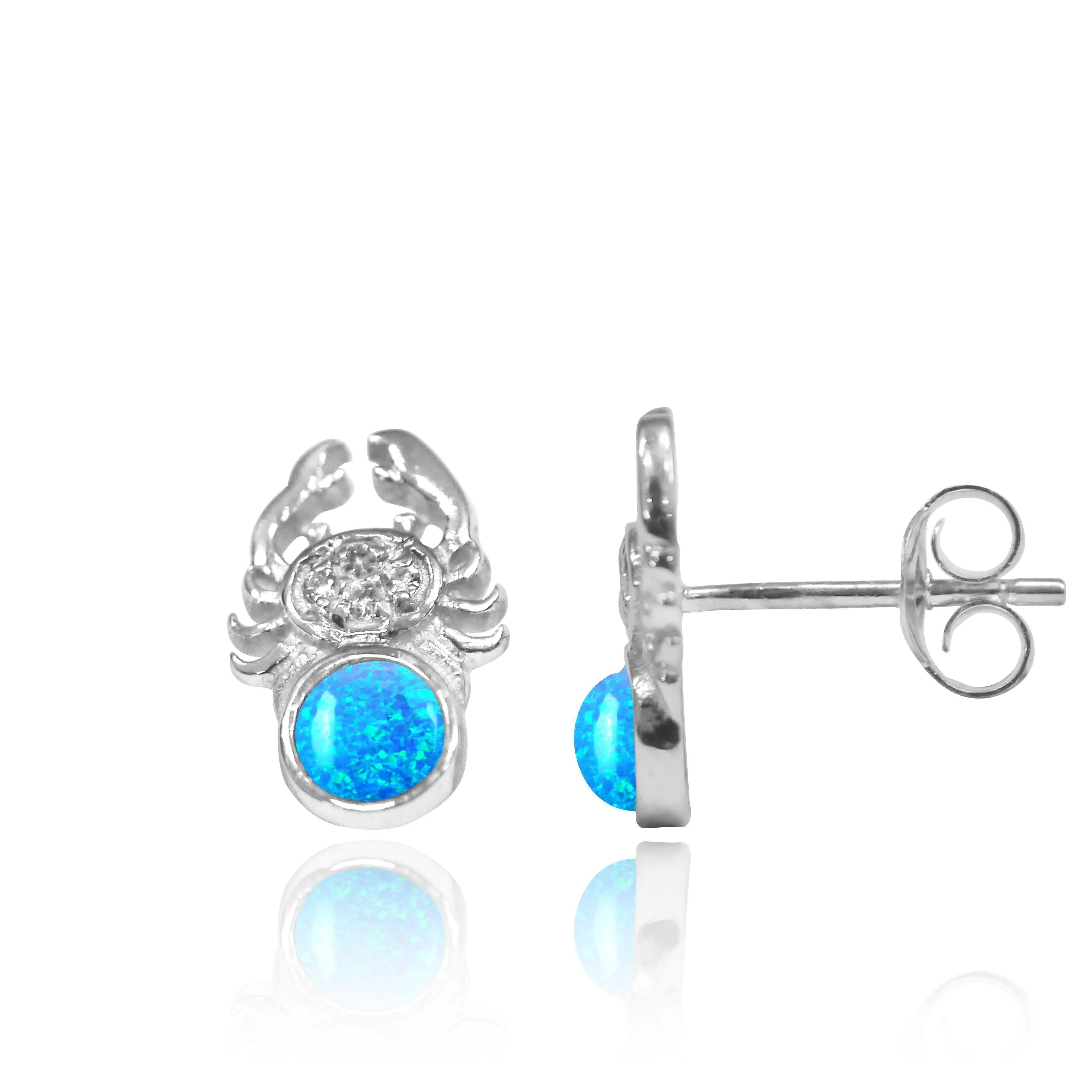 Sterling Silver Crab Stud Earrings with Round Blue Opal and White Topaz