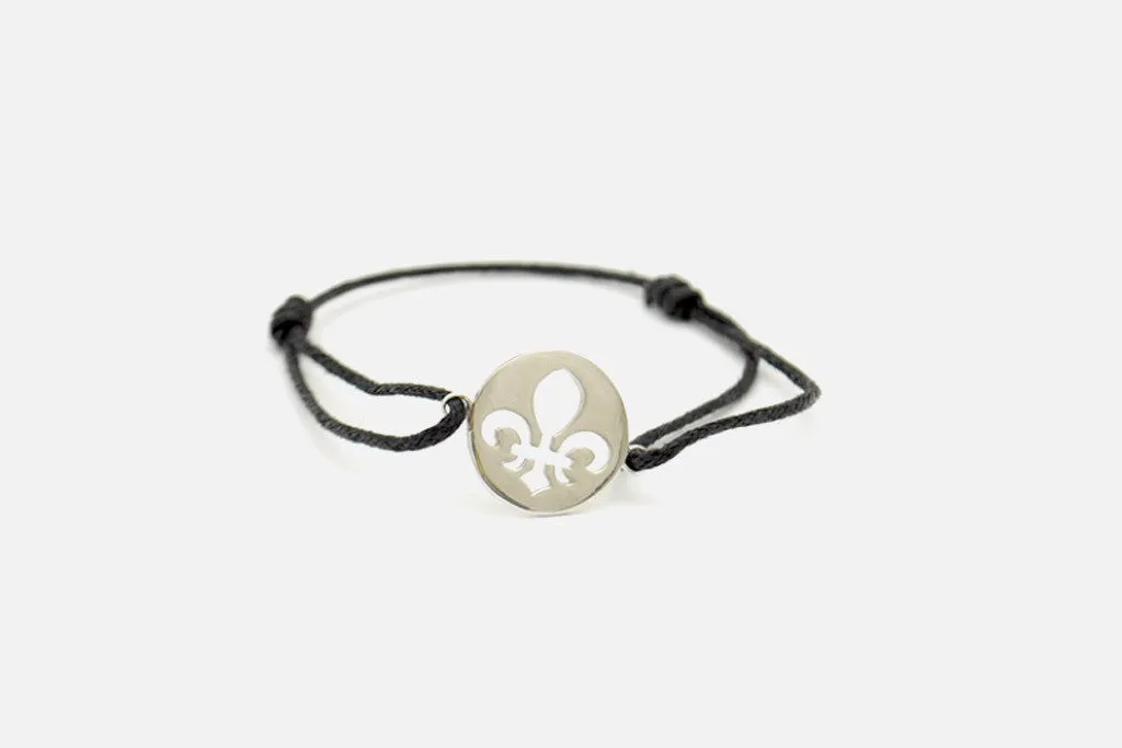 Sterling SIlver Fleur De Lis Black String Bracelet