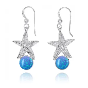 Sterling Silver Starfish French Wire Earrings with Round Blue Opal