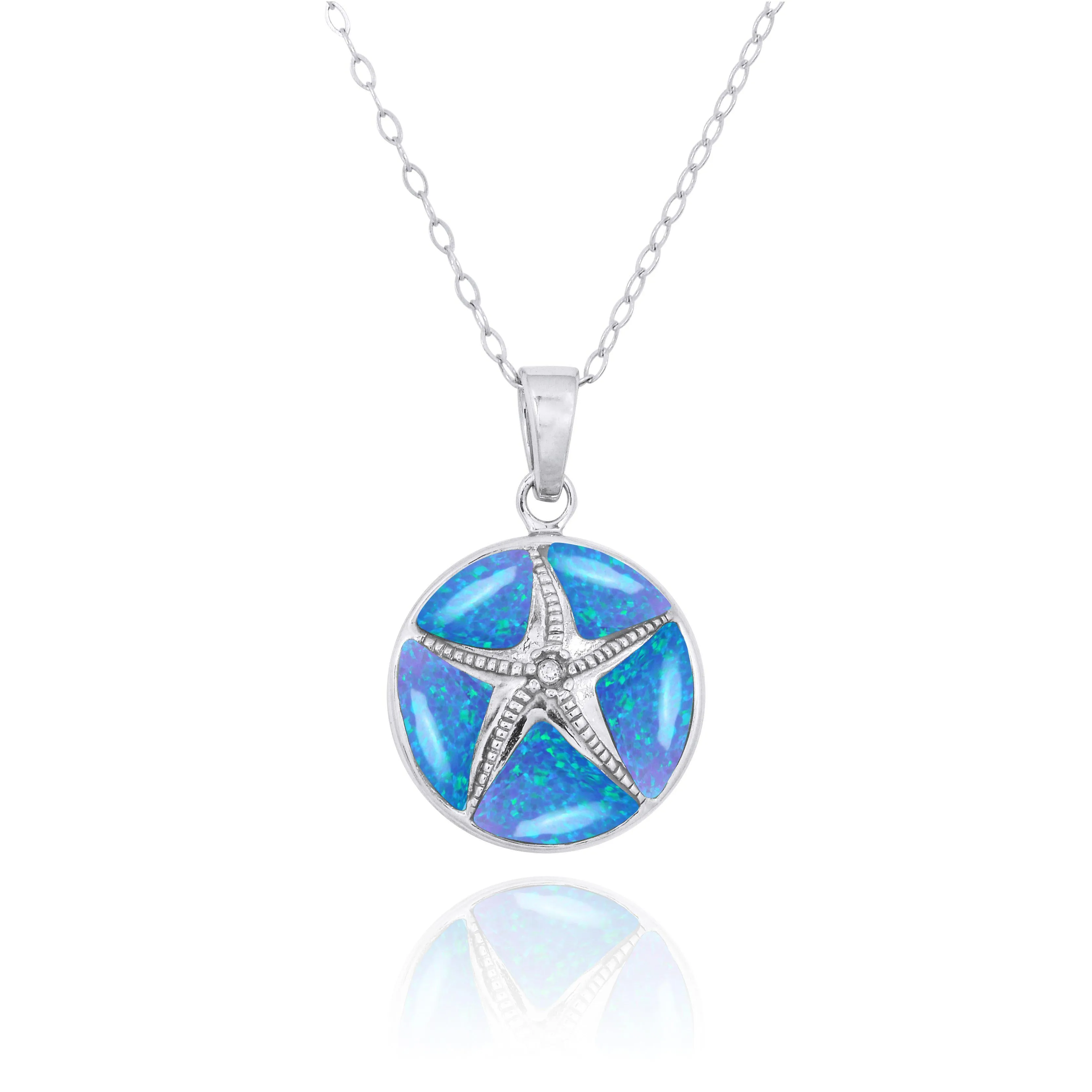 Sterling Silver Starfish with Crystal and Blue Opal Pendant Necklace