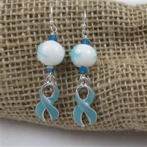 Teal Awareness Ribbon & Bead Earrings