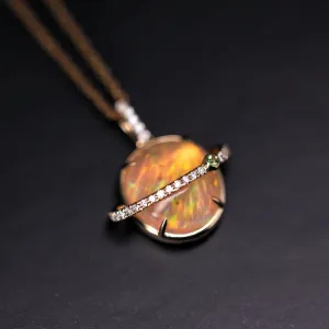 The Saturn - Extremely Rare Quality Fire Opal & Diamond 18K Gold Necklace