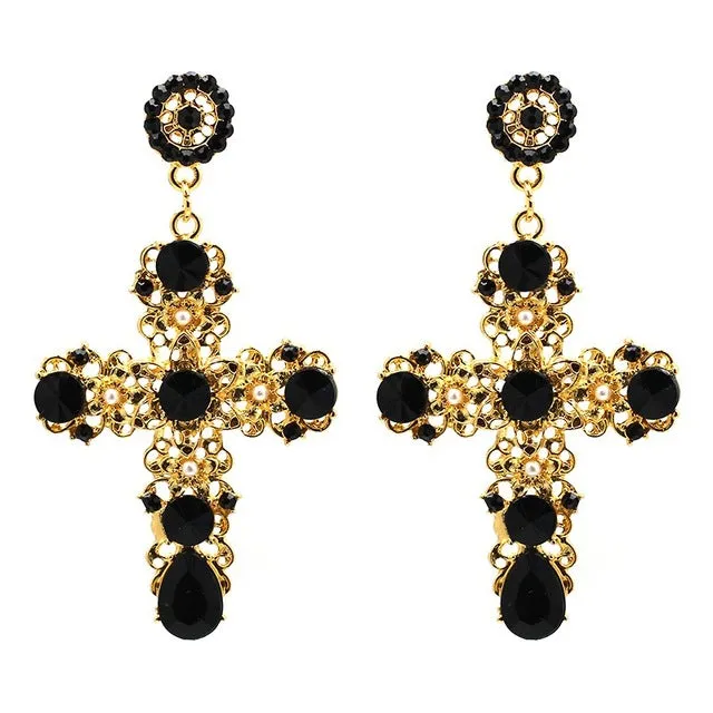 Vintage Boho Crystal Cross Drop Earrings Womens Accessories