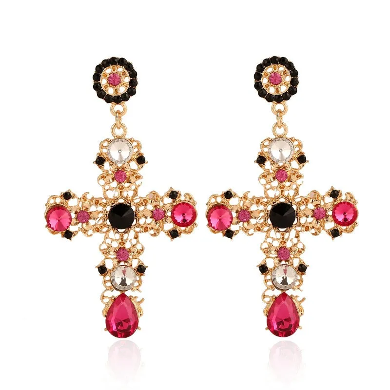 Vintage Boho Crystal Cross Drop Earrings Womens Accessories