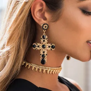 Vintage Boho Crystal Cross Drop Earrings Womens Accessories