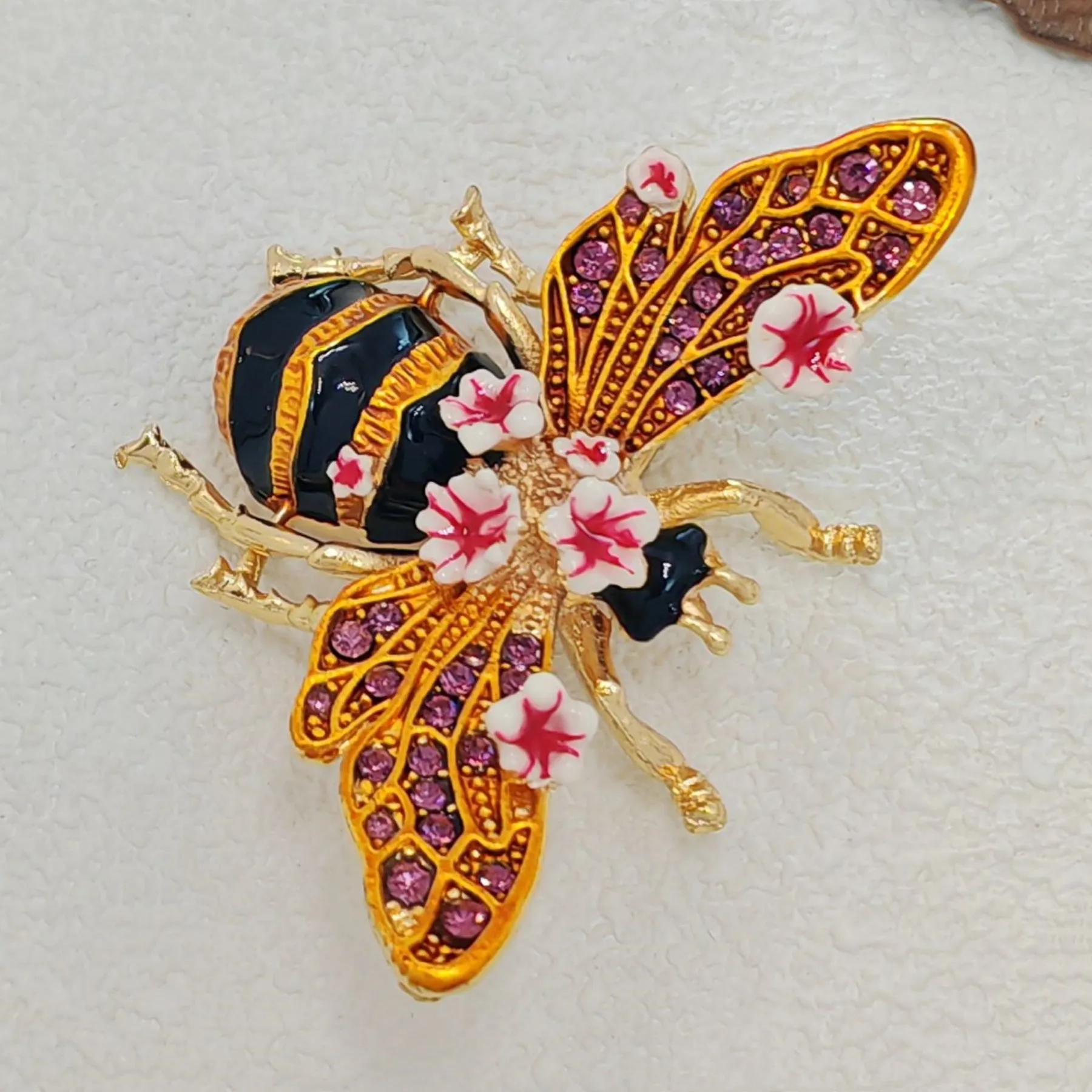 Vintage Enamel Floral Bee Brooch Pin, Wasp Insect Jewelry