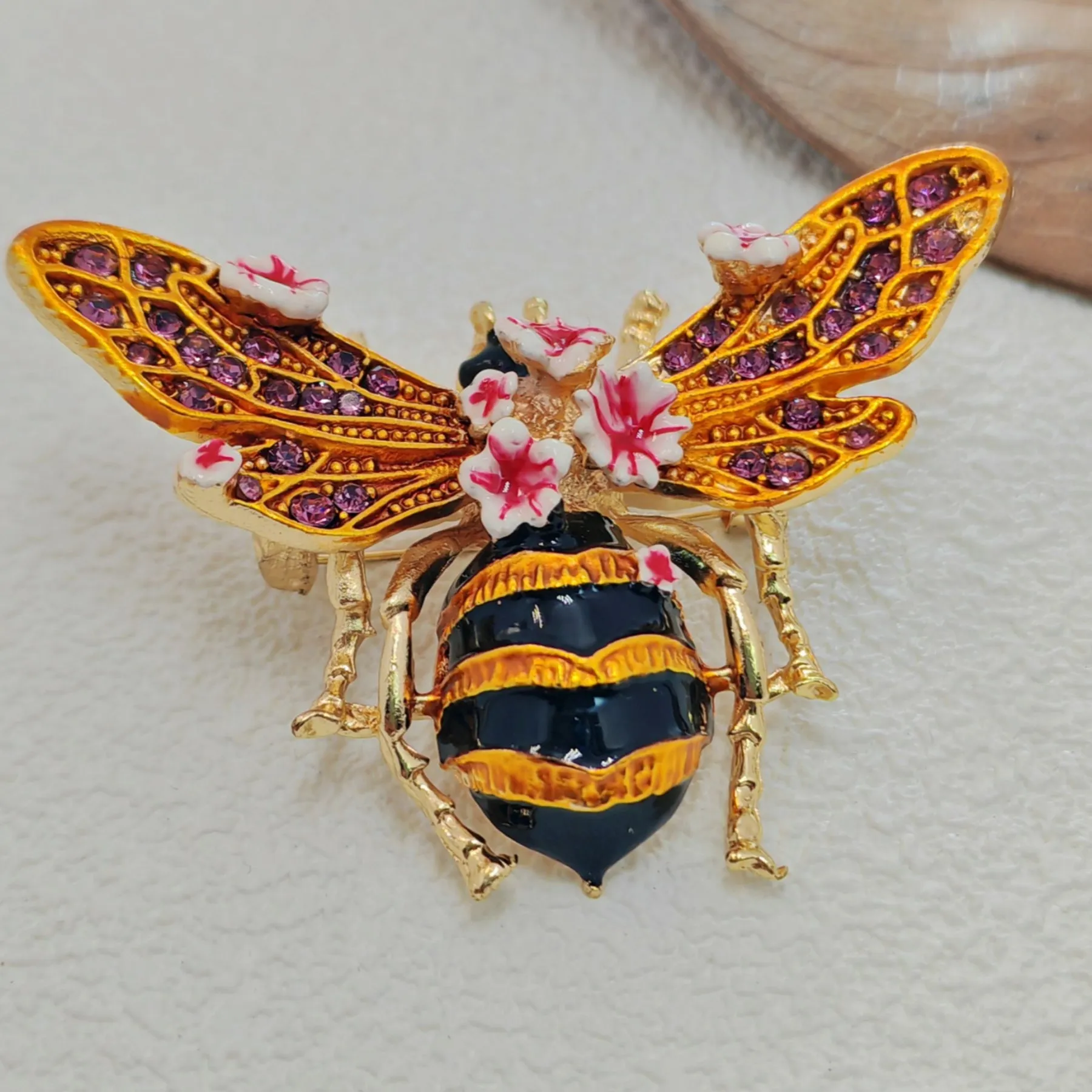 Vintage Enamel Floral Bee Brooch Pin, Wasp Insect Jewelry