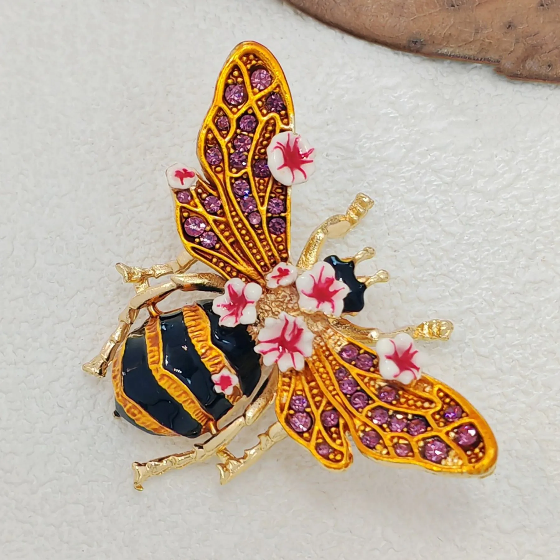 Vintage Enamel Floral Bee Brooch Pin, Wasp Insect Jewelry