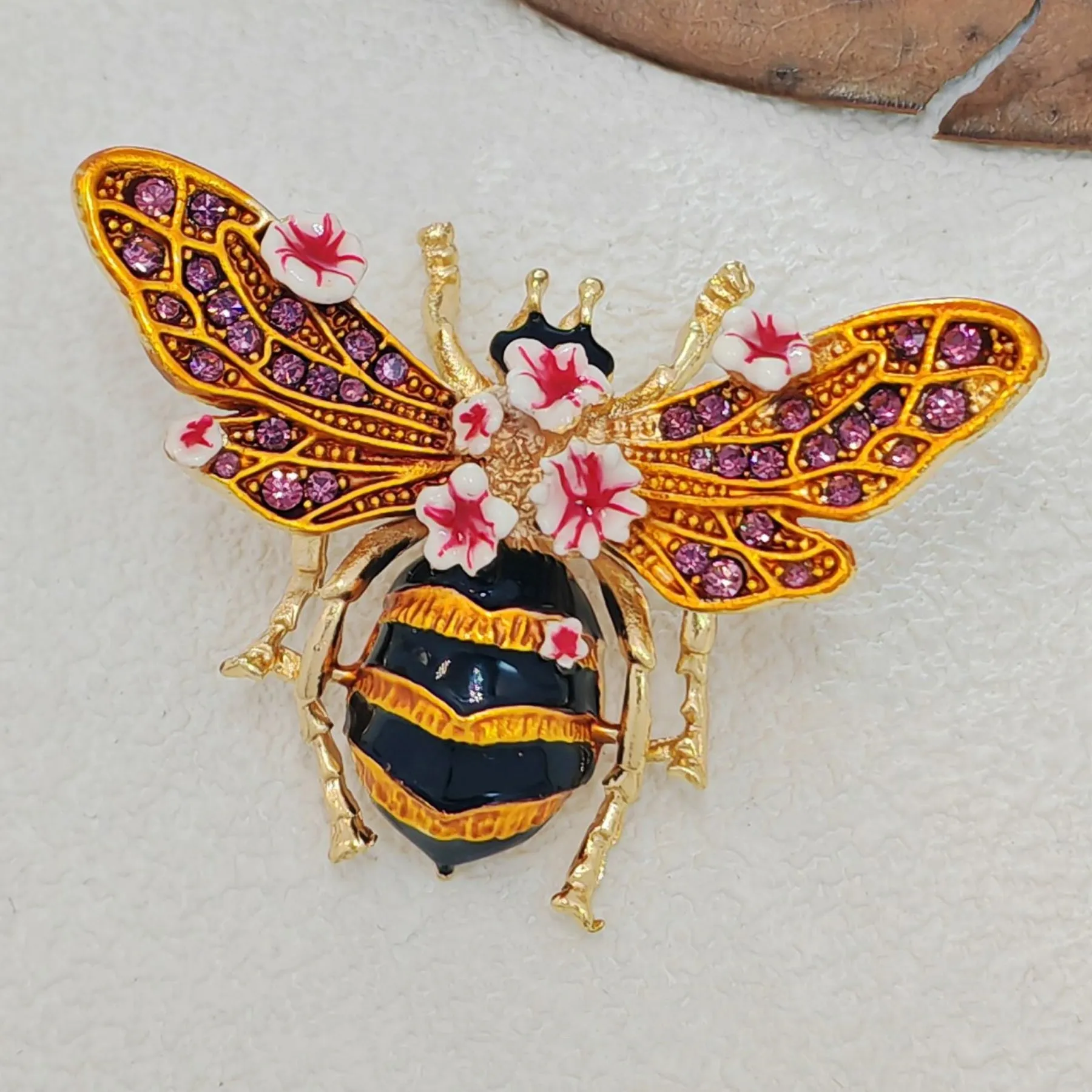 Vintage Enamel Floral Bee Brooch Pin, Wasp Insect Jewelry