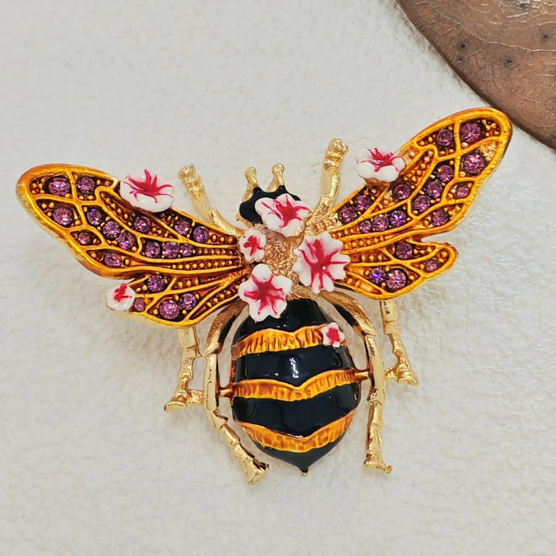 Vintage Enamel Floral Bee Brooch Pin, Wasp Insect Jewelry