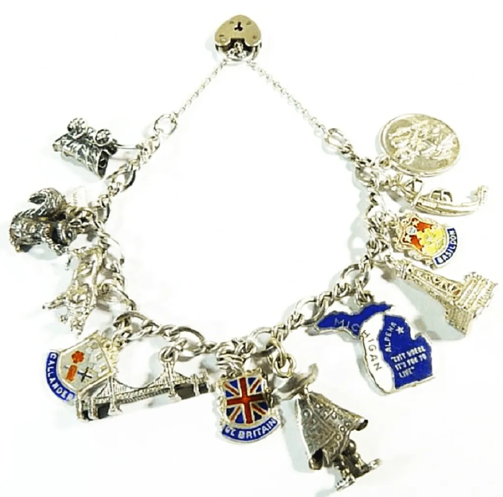 Vintage Sterling Silver Travel Themed Charm Bracelet Bell Kinney