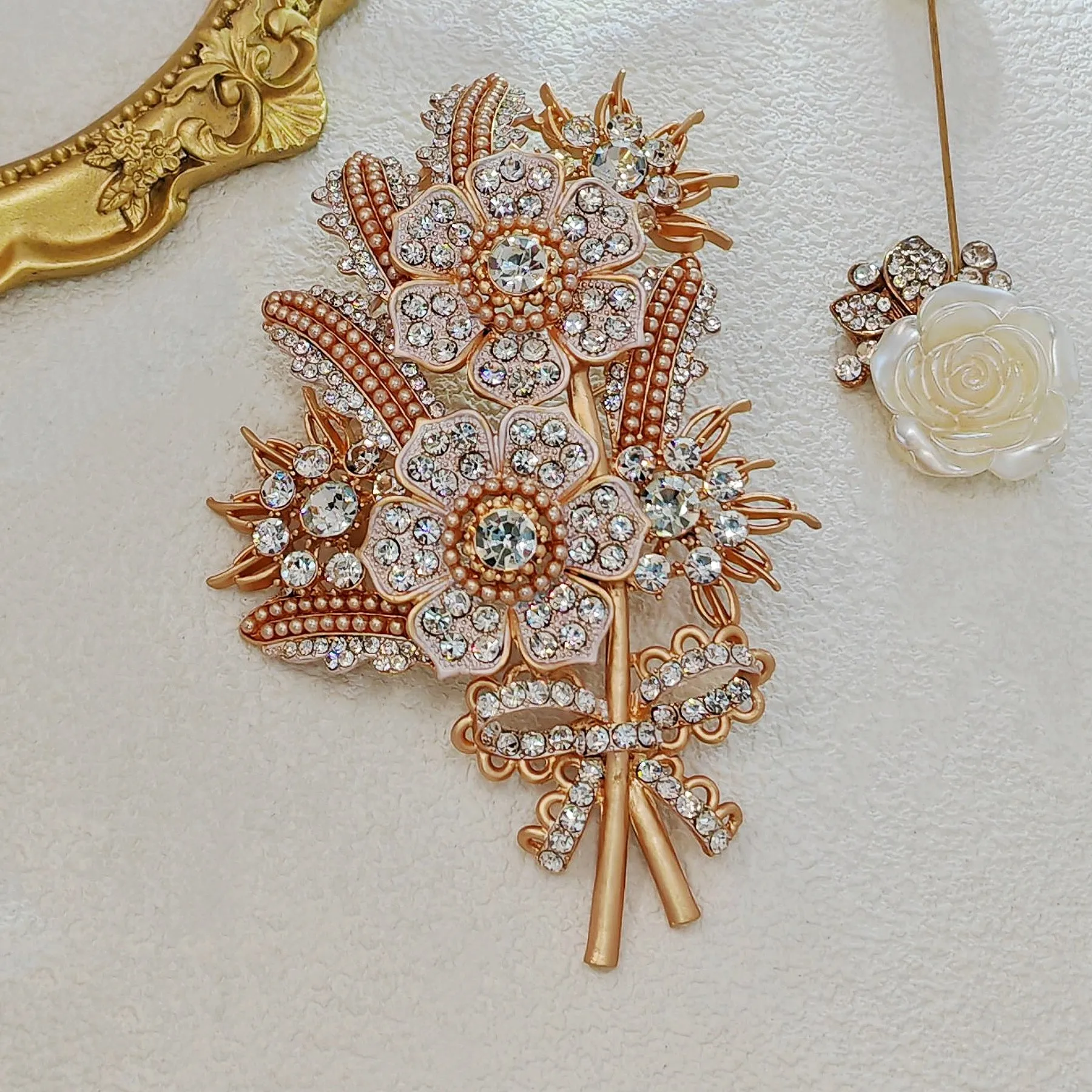 Vintage Style Large Floral Crystal Bouquet Brooch Pin, Rose Gold Tone